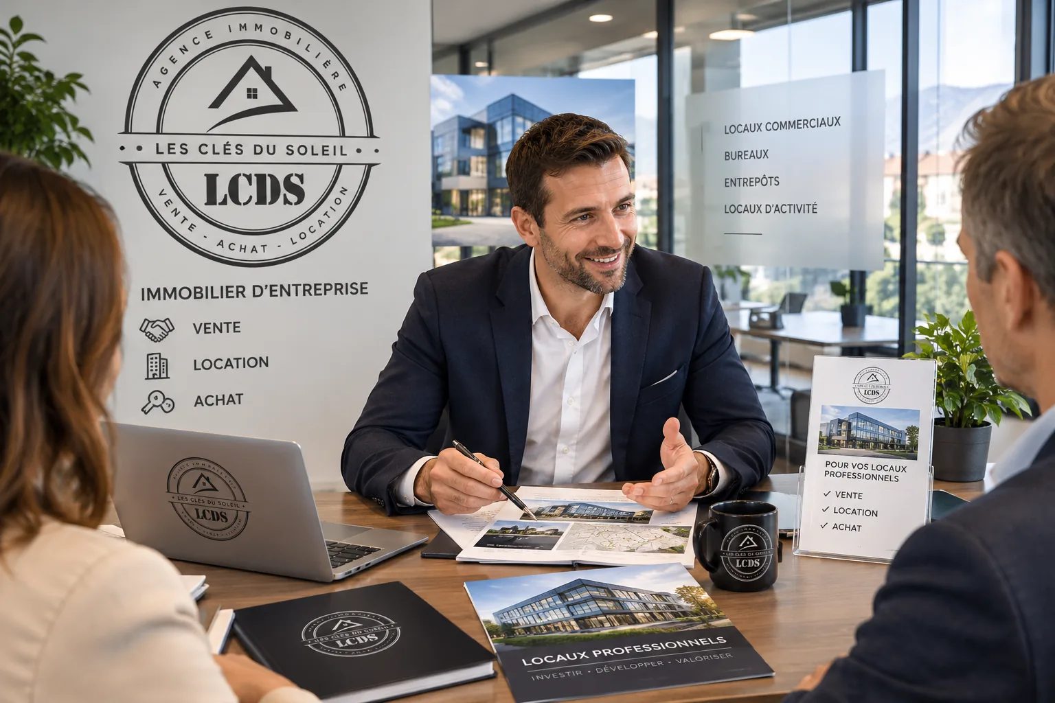 Conseiller Les Clés du Soleil présentant des locaux professionnels à des clients : immobilier d'entreprise dans le Var